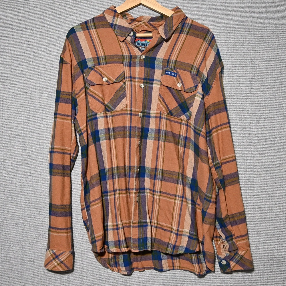 Burlebo Flannel Button Up Shirt Mens Plaid Pockets Large Orange Blue